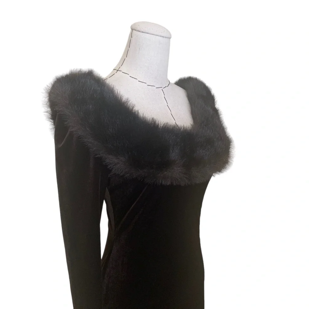 Vintage 90s Chocolate Brown Stretch Velvet Faux Fur Collar Maxi Dress Small - Picture 9 of 12